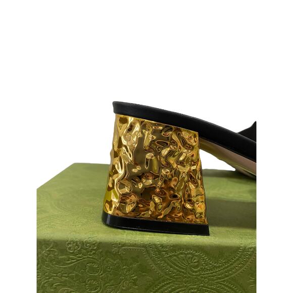 Gucci Interlocking G Cut Out Black Leather Gold Block Heel Sandal 38.5 - Picture 2 of 12